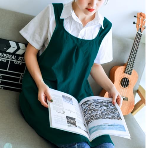 Japanese Cotton Cross Back Kitchen Cooking Aprons for Women with Pockets Cute for Baking Painting Gardening Cleaning Dark Green (07 - Women's Dark Green)