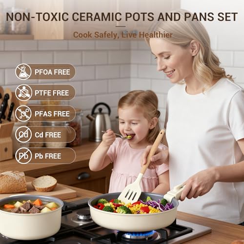 18 Piece Ceramic Pots and Pans Set Non Stick (Cream White)
