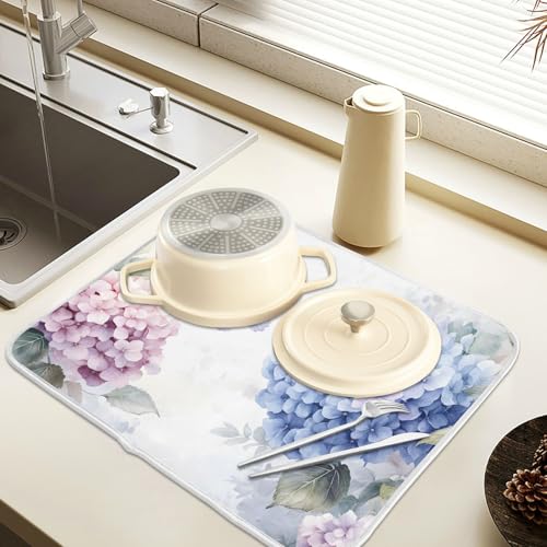 Blue Pink Hydrangea Spring Floral Dish Drying Mat for Kitchen Counter Absorbent Microfiber Small Drying Pad Dish Mats for Kitchen Countertops 16 x 18 Inch (18" x 16")