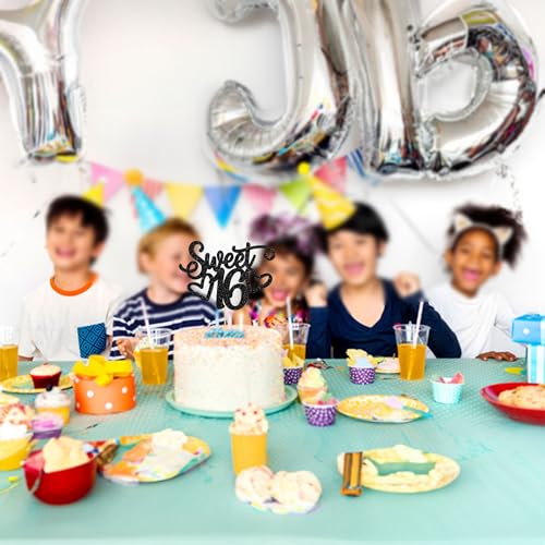1Pc Sweet Teenager 16 Cake Topper Glitter 16th Birthday Cake Pick for Cheers to 16 Years Old 16th Birthday Party Cake Decorations Supplies Black
