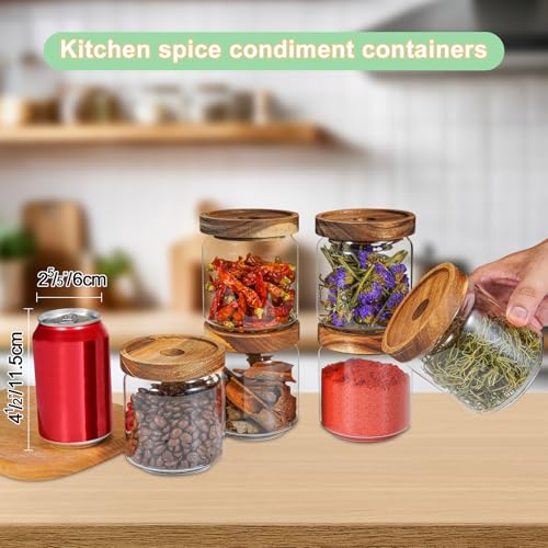 Small Glass Jars with Labels Spice Jar Round Storage Canister with Wooden Lid Clear Glass Food Jar for Pantry Sugar Tea Coffee Bean Spice Nuts Cookies Bath Salts (6*420ml(14oz))