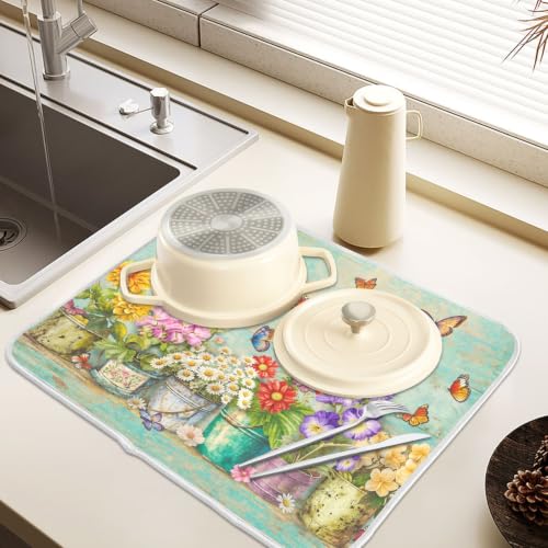 Spring Floral Butterfly Rustic Dish Drying Mat for Kitchen Counter Absorbent Microfiber Small Drying Pad Dish mats for Kitchen Countertops 16 x 18 Inch (Spring Floral / 18" x 16")