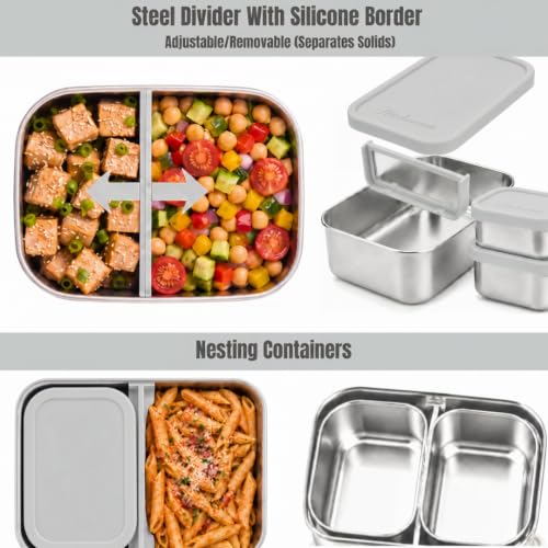 Flexibento 40 OZ Leak Proof Stainless Steel Lunch Box (Grey set of 3: 1*40OZ + 2 *9 OZ)