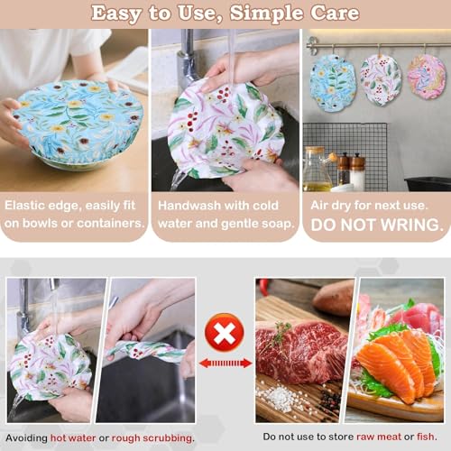 5Pcs Reusable Beeswax Elastic Bowl Covers for Bread Proofing and Food Cover (Rainbow Floral)