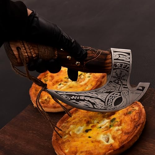 Pizza Cutter Axe Carbon Steel Slicer Chef Viking Axe with Leather Cover (Hand Engraved Etched Ash Wood)
