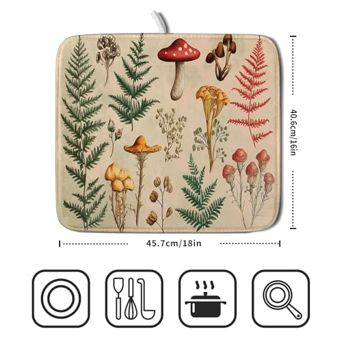 Ferns Leaves Dish Drying Mats Woodland Forest Mushrooms Reversible Drainer Mats 16 X 18 Inch (Ferns Mushrooms 1101 / 18" x 16")
