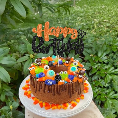 1Pcs Happy Birthday Cake Topper Glitter Happy Birthday Cake Pick for Halloween Baby Shower Theme Anniversary Party Cake Decorations Supplies Black Orange (Style 2 / Black Orange)