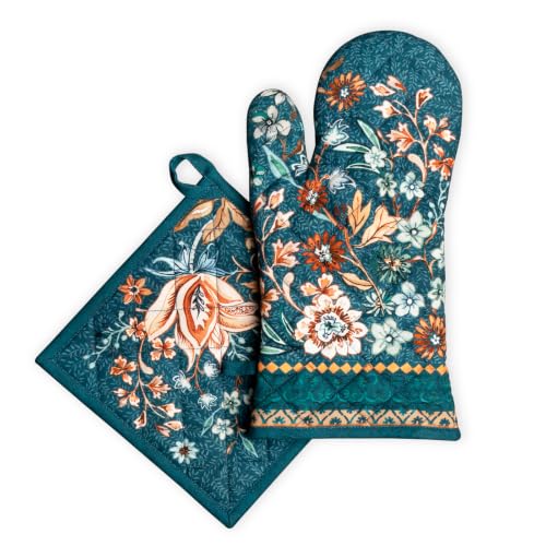 100% Cotton Oven Mitt & Pot Holder Set (048 - Luxury Loft - Dark Teal / 7.5" x 13" & 8" x 8" (Oven Mitt & Pot Holder))