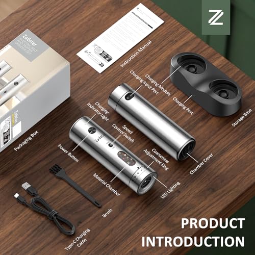 Electric Salt and Pepper Grinder Set with Charging Base (Variable Speed Silver)