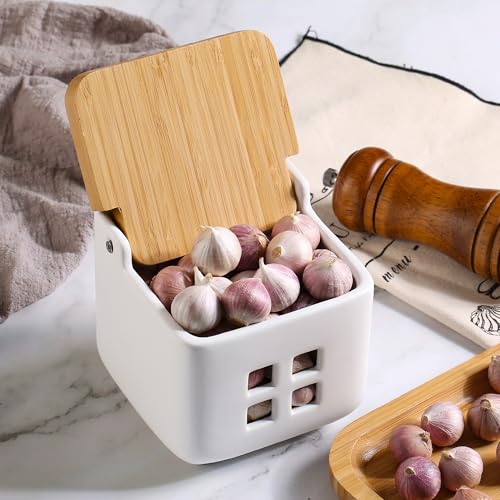 Ceramic Garlic Keeper with Bamboo Lid (White)