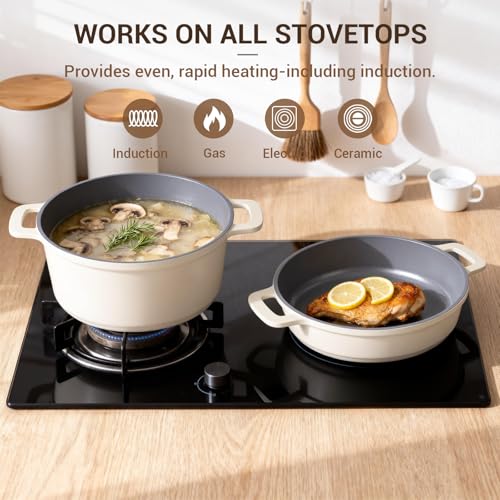 8 Piece Non Stick Stock Pot with Lid (Cream White)