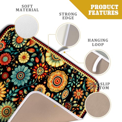 Bohemian Style Flowers Drying Pad Boho Floral Dish Drying Mat for Kitchen Counter Absorbent Microfiber Drainer Rack Mat (Boho Floral Black / 18" x 16")