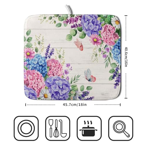 Hydrangea Floral Dish Drying Mat 16x18 inch Spring Summer Decorative Fast Dry Dishes Draining Mats Absorbent Microfiber Drainer Rack Pad (Hydrangea Floral / 16 x 18 inch)
