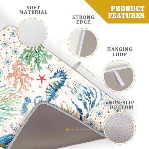 Nautical Coastal Dish Drying Mat Sea Turtle Seahorse Dish Drainer Pad 18"x24" Microfiber Reversible Fast Dry Pad for Kitchen Counter Decor (Coral Turtle / 18" x 24")