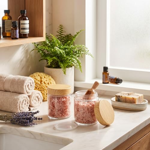 2 Pcs Glass Jars with Lids (Elegant Natural Wood Grain / 4 oz)