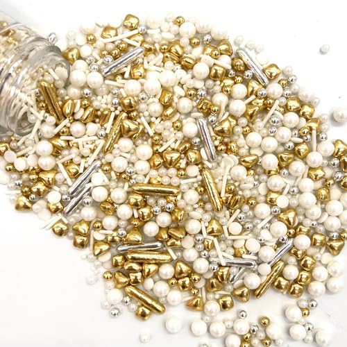 White Deluxe Gold Sprinkles Candy Mixing Size Baking Edible Cake Decorations Cupcake Toppers Cookie Decorating Celebrations Wedding Shower Party Chirstmas Supplies 130g (4.6 Ounce)