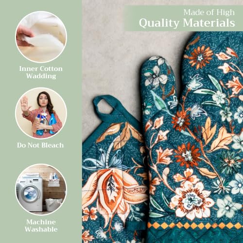 100% Cotton Oven Mitt & Pot Holder Set (048 - Luxury Loft - Dark Teal / 7.5" x 13" & 8" x 8" (Oven Mitt & Pot Holder))