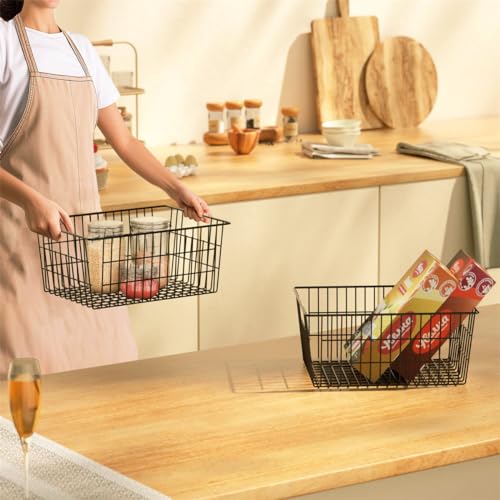 Freezer Baskets Metal Storage Organizer Bin Basket Wire Storage Basket for Kitchen Pantry Bathroom Large Metal Farmhouse Food Fruit Produce Organizer Bins (2-P / Black)