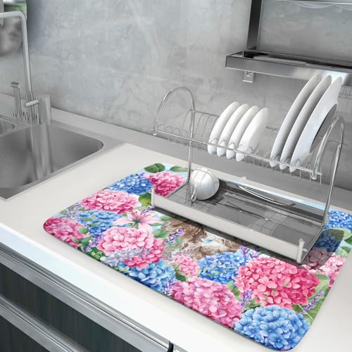 Cute Dish Drying Mats for Kitchen Counter Large 18 X 24 In（Spring Cat Blue） (Colorful Hydrangea Cat / 24" x 18")
