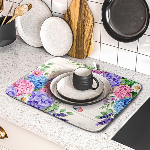 Hydrangea Floral Dish Drying Mat 16x18 inch Spring Summer Decorative Fast Dry Dishes Draining Mats Absorbent Microfiber Drainer Rack Pad (Hydrangea Floral / 16 x 18 inch)