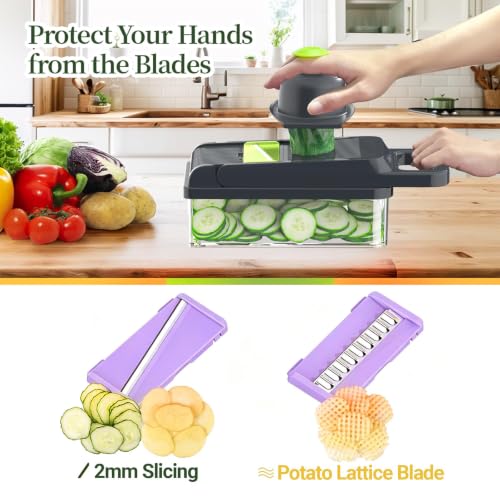 12-in-1 Vegetable Chopper 7 Blades, Veggie Cutter with Handle, Black/Purple (Purple / 7 blades)