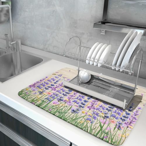 Lavender Floral Dish Drying Mat 18x24 inch Spring Summer Flower Decorative Fast Dry Dishes Drainer Mats Reversible Washable Dish Rack Pad (Lavender Floral / 18" x 24")