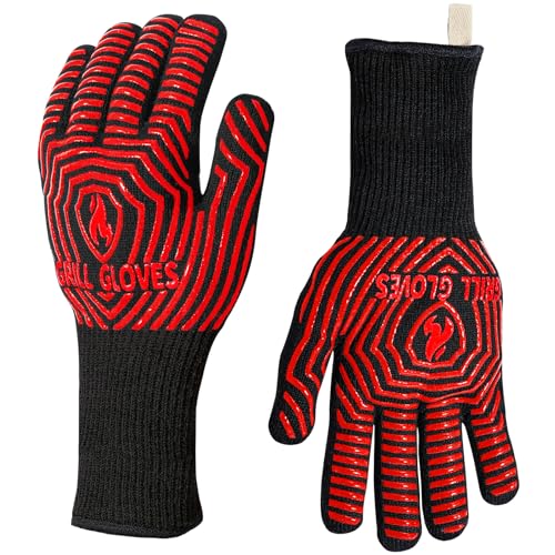 BBQ Gloves BBQ Accessories 1472℉ Extreme Heat Resistant (Black Red / One Size Fits Most(Long Cuff))