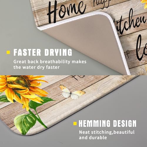 Sunflower Floral Dish Drying Mat for Kitchen Countertop 16x18 inch Rustic Wood Washable Microfiber Absorbent Dishes Drainer Rack Pad (Sunflower Wood Home / 16" x 18")