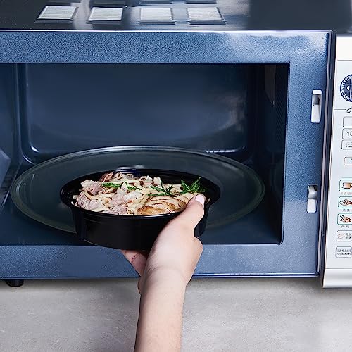 24 oz 50 ct Round Meal Prep Food Storage Containers with Lids To Go Plastic Lunch Plan Box Disposable Take Out Bowls Black BPA Free Reusable Durable Stackable Microwave Freezer Dishwasher Safe (24R-50)
