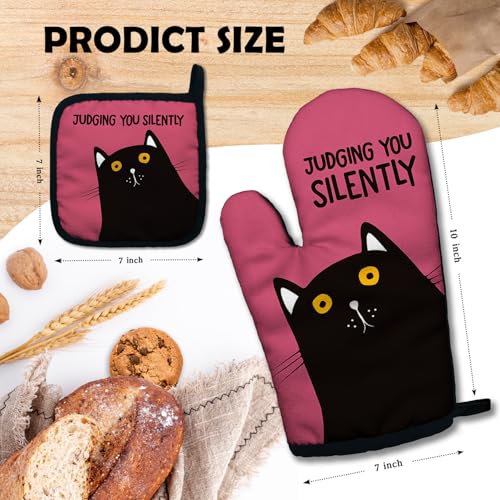 Judging You Silently Funny Heat Resistant Oven Mitts and Pot Holders Set with Silicone Non