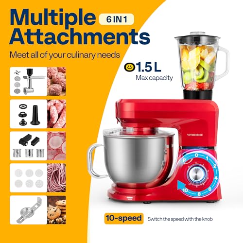 6-in-1 Stand Mixer, 8.5-Quart Tilt-Head Mixer, 10 Speeds, Red (6-in-1 / Red)