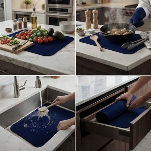 Silicone Dish Drying Mat for Multiple Usage (Navy Blue / 24"L x 18"W)