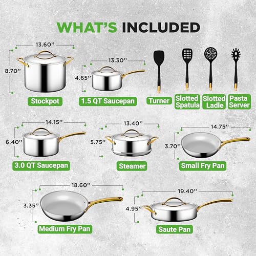 16 Piece Stainless Steel Cookware Set (Stainless Steel / Gold)