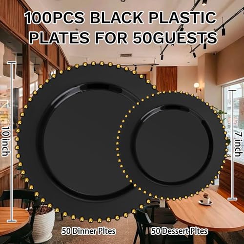 100pcs Black Plastic Plates with Gold Beads for Wedding Party (Black and Gold Plastic Plates / 100PCS)