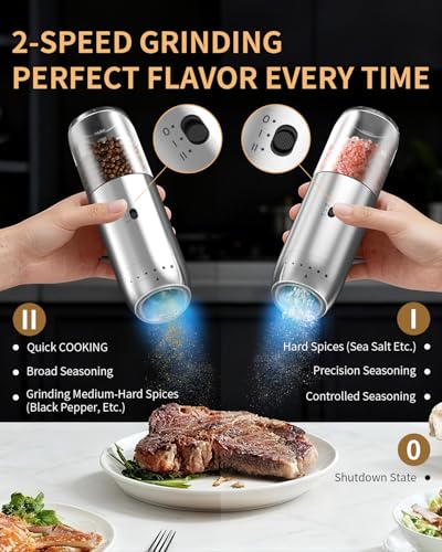 Gravity Electric Salt and Pepper Grinder Set with Rechargeable Base (Stainless Steel)