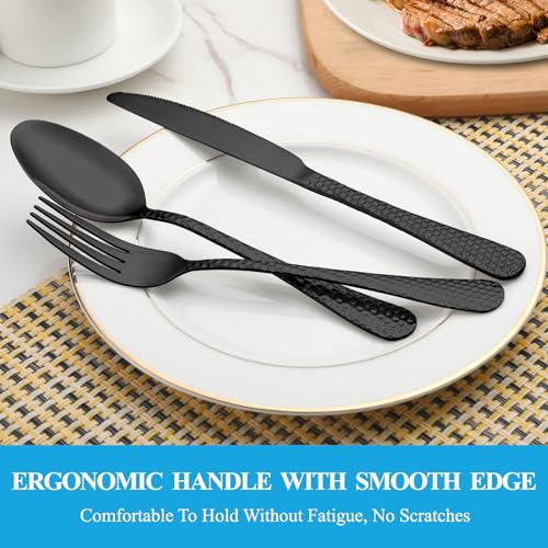 30 Pcs Black Hammered Silverware Set Service for 6 (Black)