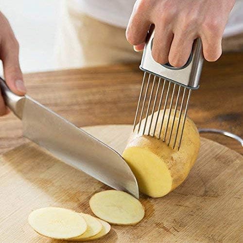 Stainless Steel Onion Cut Holder Slicer With 10 Even Prong Easy Hold Vegetable To Cut Tomato Lemon Potatoes And Loosen Meat Kitchen Tools (Silver)