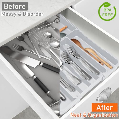 Adjustable Silverware Drawer Organizer (Grey / M(9.5-15.2"W x 12.6-19"D))