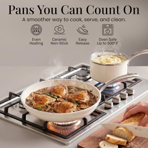 20 Pc Ceramic Cookware Set with Knives Set (Cream)