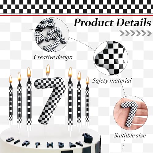 13 Pcs Racing Cars Themed Birthday Candles Black and White Race Number 7 Checkered Candle Cake Topper for Racing Car Party Decoration Supplies (13 Count)