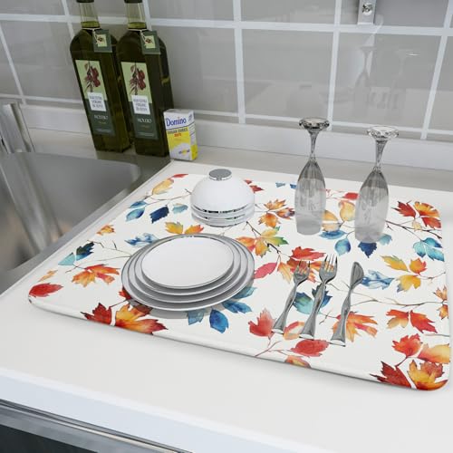 Autumn Leaf Dish Drying Mat Large Fall Colorful Leaves Absorbent Dish Drain Mats for Kitchen Counter (Autumn Leaf 606 / 24" x 18")