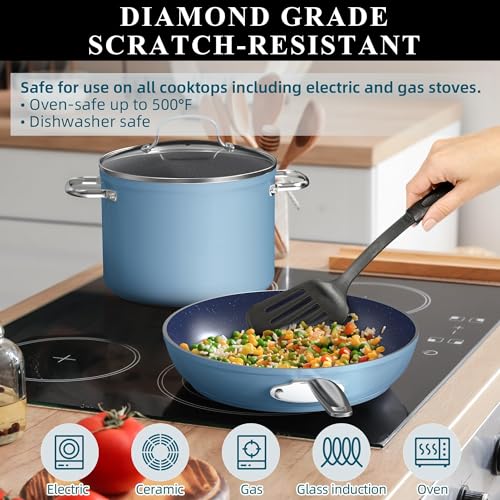 9pc Cookware Set Healthy Duralon Blue Ceramic Nonstick Coated (9 Piece Cookware Set / Cozy Blue)