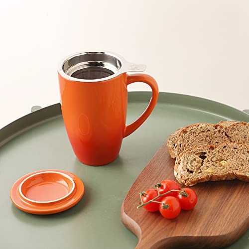 Sweejar Porcelain Tea Mug with Infuser and Lid (Gradient Orange / Tea Cup(16 Fl Oz))