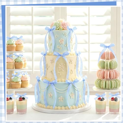 30 Pack Bow Cake Toppers Blue Gingham Ribbon Bows for Cake (Blue Plaid)