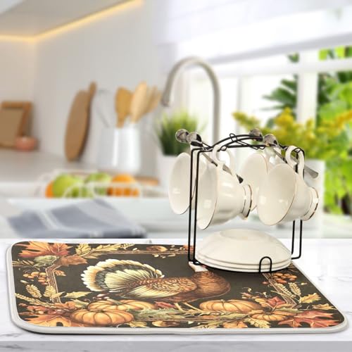 Thanksgiving Turkey Pumpkin Dish Drying Mat for Kitchen Counter Absorbent Microfiber Drying Pad (16" x 18")