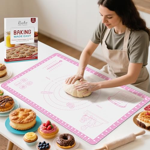 Silicone Baking Mat with 10 Recipes (Pink / 26"L x 16"W)