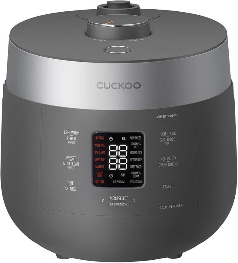 CUCKOO Twin Pressure Rice Cooker 6-Cup Uncooked / 12-Cup Cooked with Nonstick Inner Pot, Versatile Rice Maker & Warmer with 16 Menu Options, Open Cooking Mode, Voice Guide, Gray (CRP-ST0609FG)