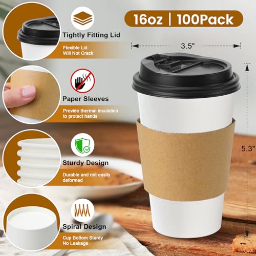 100 Pack 16 oz Disposable Coffee Cups With Lids and Sleeves (White / 16OZ-100Pack)
