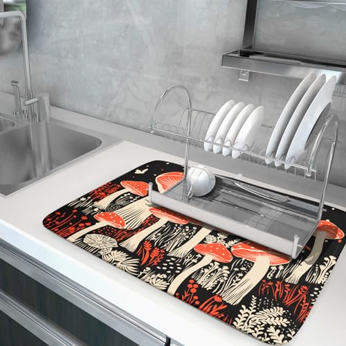 Red Mushroon Dish Drying Mat for Kitchen Counter Black Microfiber Absorbent Dish Pad 24 x 18 in (Red Mushroon 729 / 24" x 18")