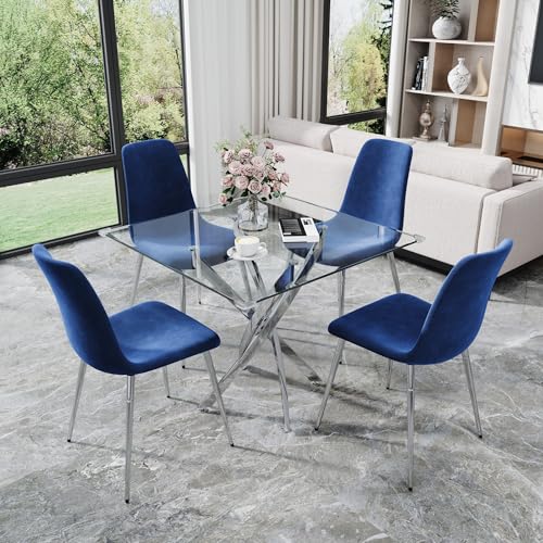 36" Square Glass Dining Table Set for 4 (Gold Square Table/Blue Velvet Chairs / 5 Pieces)